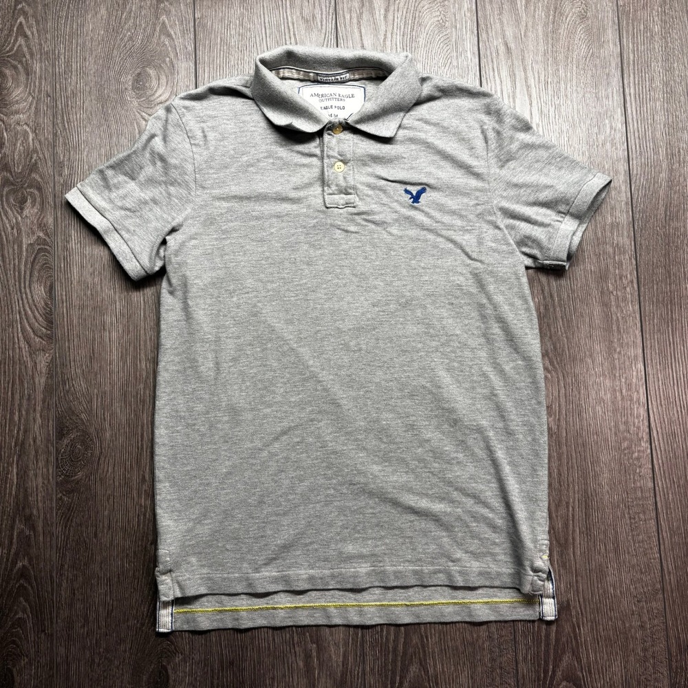 American Eagle Mens Medium Eagle Polo Shirt Gray Vintage Fit Short Sleeve Y2K